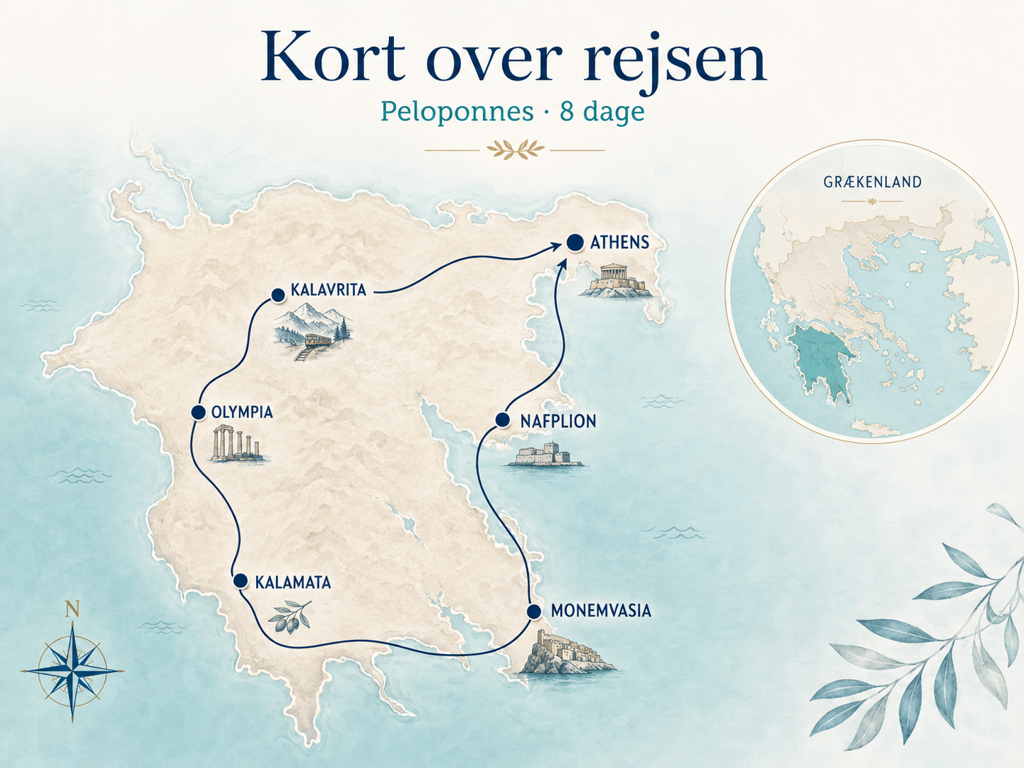 Kort over 8 dages bilrundrejse på Peloponnes med ruten fra Athen via Nafplion, Monemvasia, Kalamata, Olympia og Kalavrita